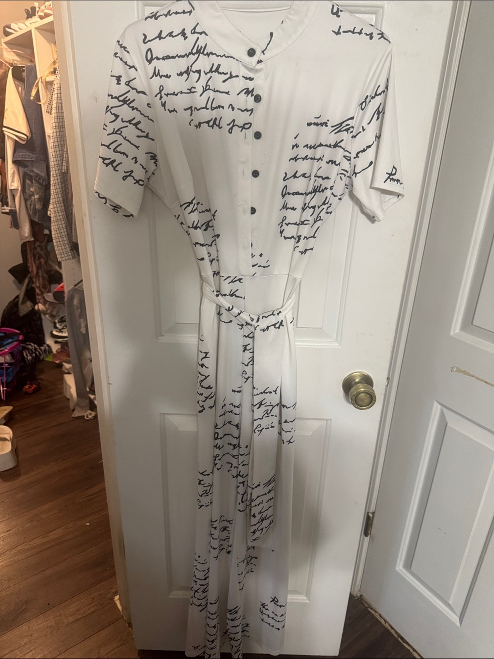 White Script-Print Jumpsuit with Waist Tie